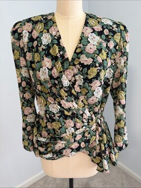 Liz Robert’s Wrap Style Blouse - Black with Pink & Green Floral SZ8